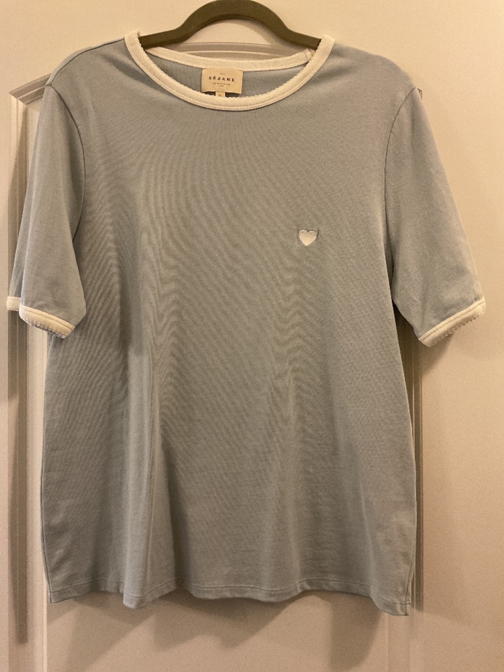 Sezane Nolan T-shirt Sky Blue Heart Embroidery - Size XL